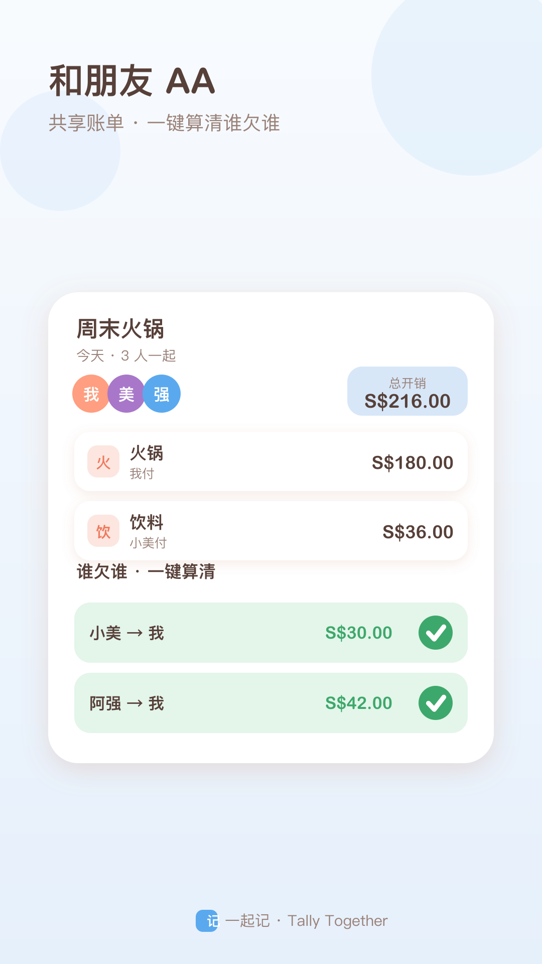 Tally Together AA split for a shared hotpot bill